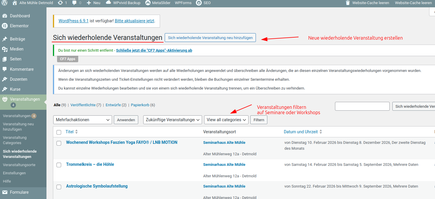 Alte Mühle Events Repeating Overview