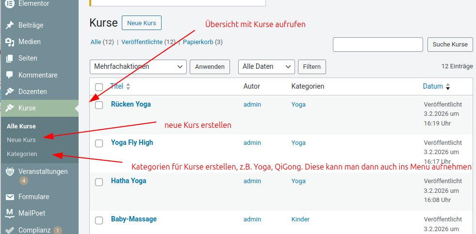 Alte Mühle Kurse Overview