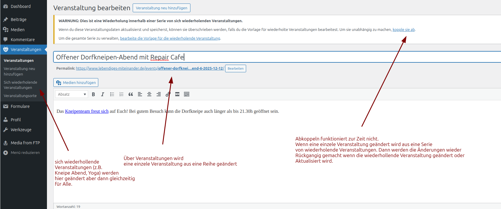 LME, einzele Termine by repeating Events Detail