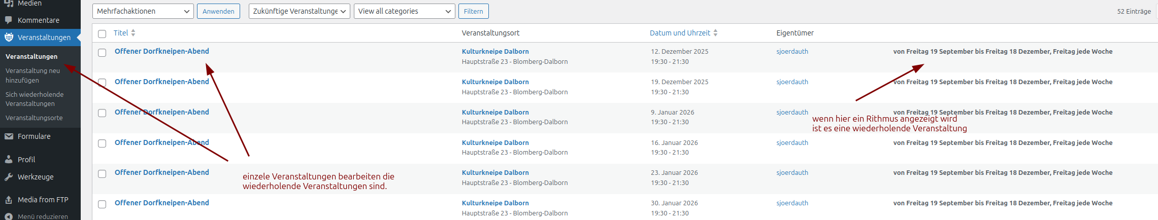 LME einzele Termine by repeating Events